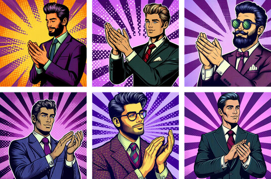comics style pop art tons violets hommes dans différentes situations et avec différentes émotions : bravo, applaudir, taper des mains, 6 bulles de bande dessinée, BD,