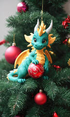 Little cute fluffy dragon decorates the christmas tree for the new year