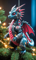 Fototapeta premium Little cute fluffy dragon decorates the christmas tree for the new year