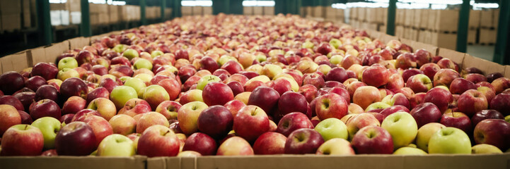 Apples, prepped for immediate shipment, are stored in a chilled warehouse. A fruit processing facility is engaged in the production of juice, cider, and vinegar - obrazy, fototapety, plakaty