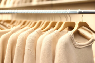 Obraz premium Pastel beige sweaters on hangers in a store.