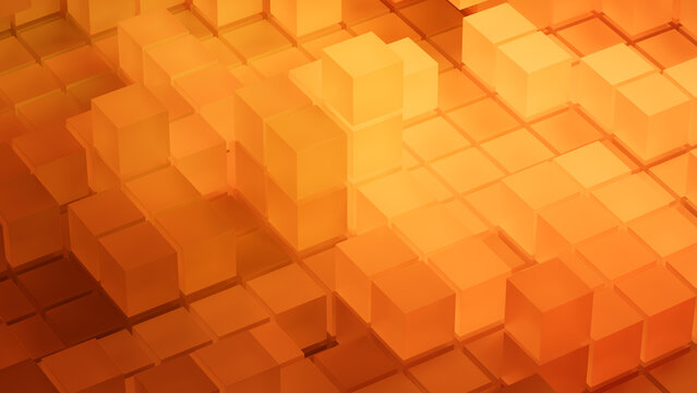 Orange and Yellow, Translucent Cubes Perfectly Constructed to create a Futuristic Tech Background. 3D Render.
