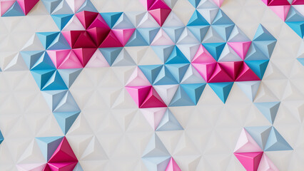 White, Blue and Pink Polygonal Surface with Triangular Pyramids. Modern, Bright 3d Banner.