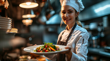 A female chef confidently presenting her signature dish, confident women, blurred background, with copy space