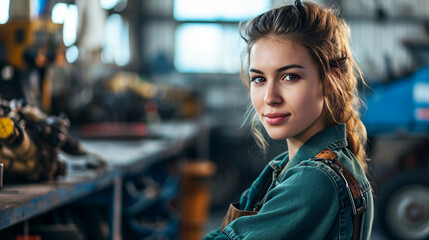 A confident female mechanic working in a garage, confident women, blurred background, with copy space
