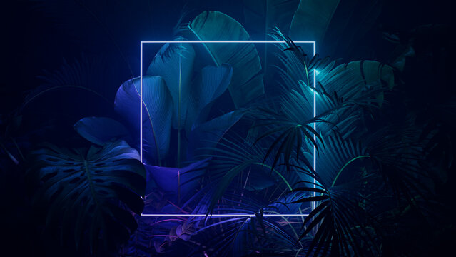 Tropical Plants Illuminated with Green and Purple Fluorescent Light. Exotic Environment with Square shaped Neon Frame.