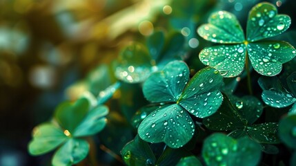 Lucky Irish Four Leaf Clover in the Field for St. Patricks Day background with copy space. - obrazy, fototapety, plakaty