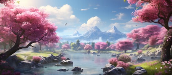 Fototapeta na wymiar Beautiful scene with lake and lots of flowers