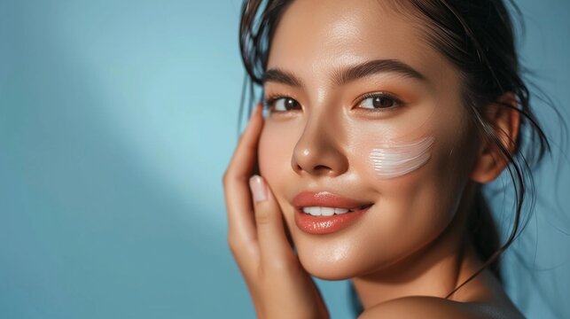 Skin care. Woman with beauty face touching healthy facial skin portrait. Beautiful smiling asian girl model with natural makeup touching glowing hydrated skin on blue background closeup