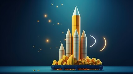 Rocket launched meaning showing successful growing start up business on blue background. Generate AI