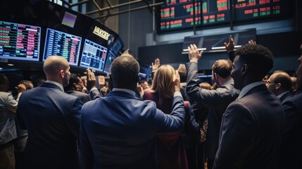 Group of Successful Stock Exchange Brokers Celebrating a Profitable Investment Bid on a Securities Market. Generative AI - obrazy, fototapety, plakaty