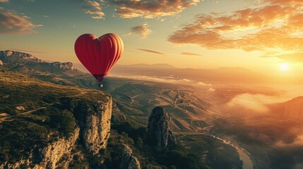 Romantic Heart-Shaped Hot Air Balloon Over Canyon at Sunrise. Generative AI. - obrazy, fototapety, plakaty