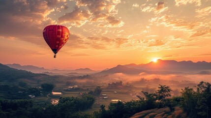 Serene Hot Air Balloon Flight Over Terraced Fields at Sunrise. Generative AI. - obrazy, fototapety, plakaty