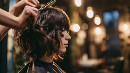Fototapeta premium A woman getting a stylish haircut with a modern look, woman undergoing beauty treatments, blurred background, with copy space