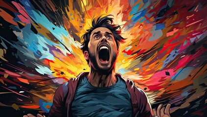 a cartoon man screaming behind colorful swirling energy explosion