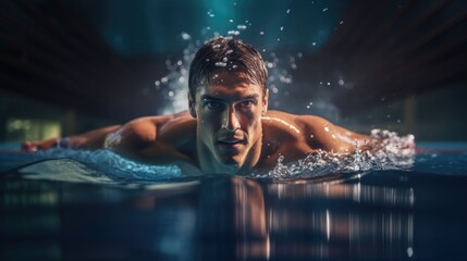 Closeup male swimmer swims crawl in the pool, front view - obrazy, fototapety, plakaty