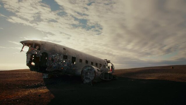 Sun shines through the window of a plainwreck, flair, entire plain, Iceland, Solheimsandur