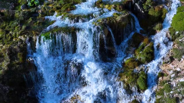 Villaescobedo waterfall in winter in the Las Loras Geopark. UNESCO. Town of Villaescobedo. Pamos region. Burgos province. Castile and Leon. Spain. Europe