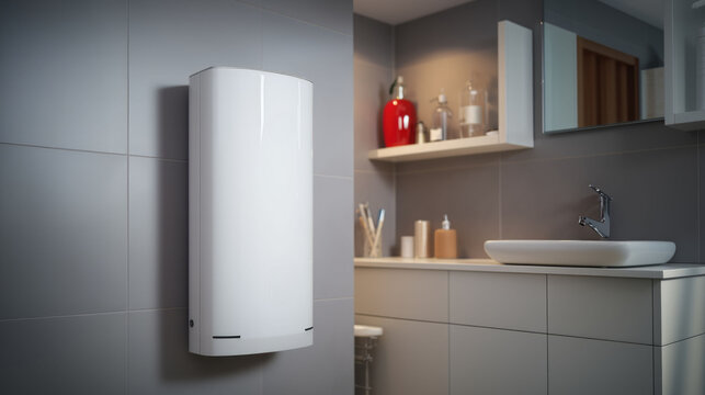 Closeup water heater in a modern bathroom with mirror and washbasin sink