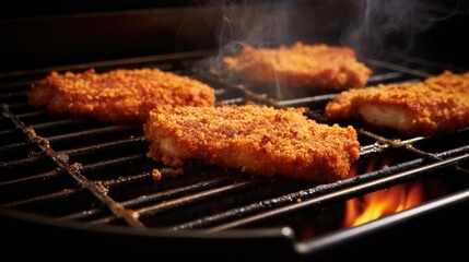 Chicken cutlets are frying inside of stove  - obrazy, fototapety, plakaty