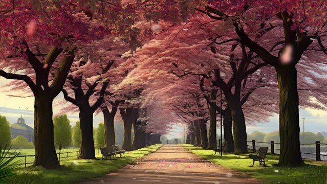 Spring scenery, spring season, Tunnel tree avenue in spring, blossom, pink sakura tree with green tree. Cartoon or anime illustration video style background 