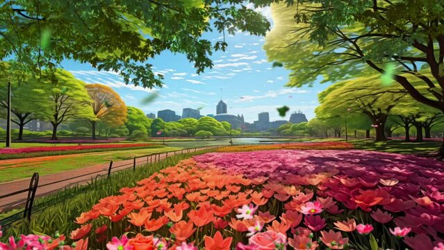Spring scenery, Tulip Flower in city park with sunrise in the morning, beautiful view, Spring forest path. Cartoon or anime illustration video style background 