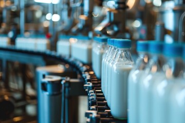 Milk bottles with blue caps on a factory conveyor line. Machine for bottling milk, industry equipment dairy plant - obrazy, fototapety, plakaty