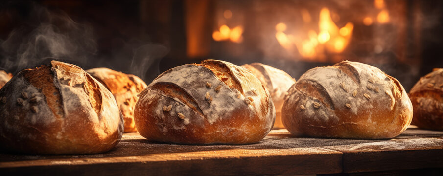 Baked loaves against oven or fire place. Bread on wooden board. - Powered by Adobe