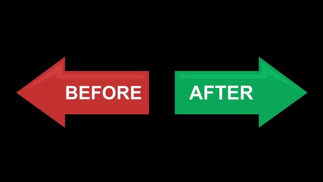 video animation icon arrows with words before and after buttons, on a transparent background with zero alpha channel