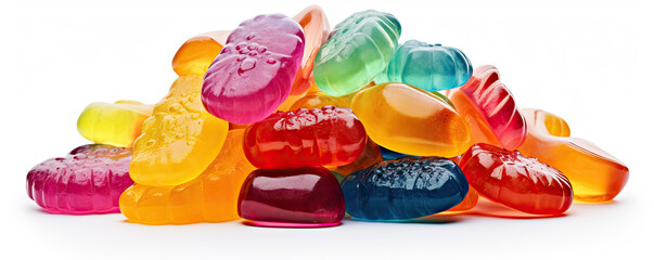Jelly candies in various colors on white background.