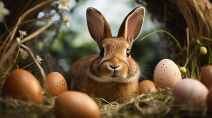 Fototapeta na wymiar New Brown Easter Bunny Eggs Nest