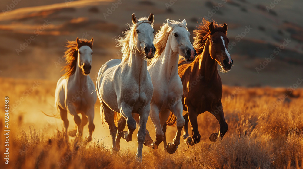 Wall mural dynamic image capturing a herd of horses galloping with vigor through a desert. dust billows around 