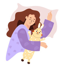 Cute sleeping woman with plush bunny toy. Time relax and female character. Vector illustration in flat style.