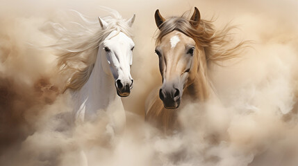 Fototapeta premium Vibrant painting of horses running in a desert, showcasing their grace and the beauty of the stark landscape in vivid colors