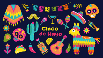 Cinco de Mayo sticker set, May 5, federal holiday in Mexico. Set isolated elements of design flyers, banners and social media posts . Mexican heritage and culture. Vector illustration.