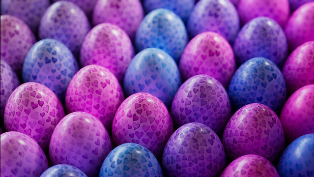Blue and Pink Easter Background. Collection of Precisely organized Eggs with Heart Patterns.