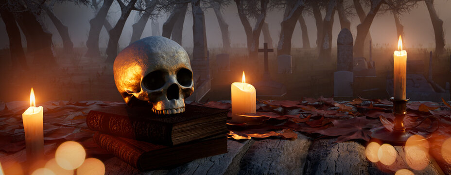 Halloween Background with Candles and Skull. Spooky Graveyard Tabletop.