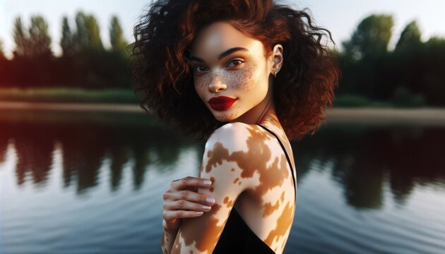 A girl with skin covered with vitiligo spots cheerfully poses. Inclusive and diverse tolerant society concept.