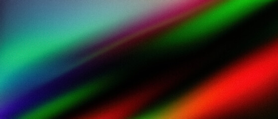 Blurred wavy gradient. Abstract background with noise texture effect on green, red, blue, pink and black smooth colors. Copy space