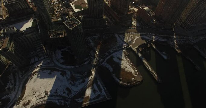 Drone shot over Long Island, New York City Manhattan skyscrapers