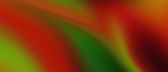 Blurred chrome gradient. Abstract background with wavy shapes and noise texture effect on green, red and orange colors. Copy space