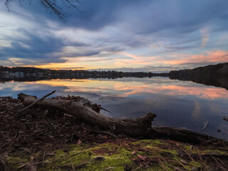 Beautiful lake with reflections in the water at sunset with spectacular colors. landscape photography