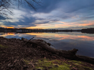 Beautiful lake with reflections in the water at sunset with spectacular colors. landscape photography