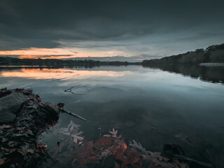 Beautiful lake with reflections in the water at sunset with spectacular colors. landscape photography