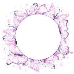 Happy Valentines day card. Watercolor butterfly greeting design. Beautiful holiday illustration. Hand drawn round frame.