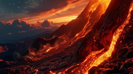 Fotobehang Volcanic Molten lava flows down a rugged mountainside, casting an orange glow onto the starlit sky, reminding us of the earth's fiery heart. © CraftyImago