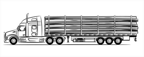 Semi truck with bunch of logs on the road. American truck on motorway. Flatbed trailer truck abstract silhouette on white background. Logging Truck sketch. Trailer with axle extendable trailer rigged. - obrazy, fototapety, plakaty