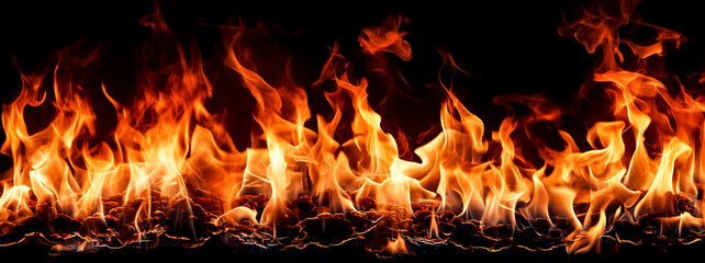 Fire flames isolated on black background. Realistic fire flames texture.