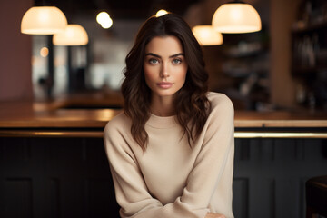 Beautiful brunette woman in beige sweater sitting on a bar stool