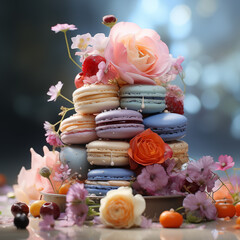 Torre de galletas de colores rellenas de crema color pastel, con flores decorativas.